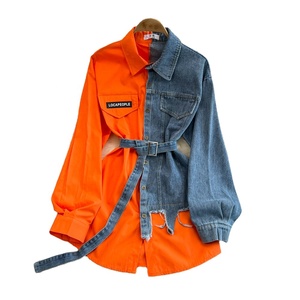 <span class=keywords><strong>Chemise</strong></span> en <span class=keywords><strong>jean</strong></span> à blocs de couleur à taille ajustable avec ceinture, haut mi-long décontracté chic pour <span class=keywords><strong>femme</strong></span>, nouveauté printemps - Product Image 3