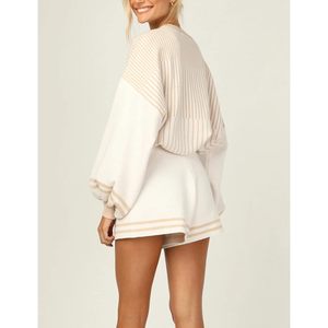 FOXA Women's Striped <b>Knit</b> Sweater Shorts <b>Set</b> Long Puff Sleeve Casual Outfit Breathable Polyester Cotton - Product Image 4