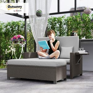 Tumbona Doble de Ratán para Jardín, con Respaldo Ajustable en 5 Niveles, Almacenamiento, Cojines y Almohadas, Juego de Jardín Retráctil - Product Image 2
