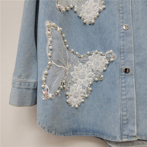 2026 Grosir Kemeja Denim Elegan dengan Aplikasi Kupu-kupu 3D dan Renda Organza, Hiasan Mutiara, Desainer, Model Longgar untuk Wanita - Product Image 4