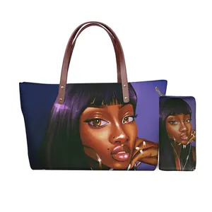 बैग महिलाओं के हैंडबैग देवियों काले कला अफ्रीकी लड़कियों लक्जरी डिजाइन पर्स और हैंडबैग महिला 2pcs/सेट कंधे ढोना बैग थैली एक मुख्य