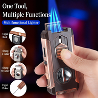 Briquet à gaz rechargeable multifonction 5-en-1 coupe-vent pour cigares, avec coupe-cigare, aiguille et support