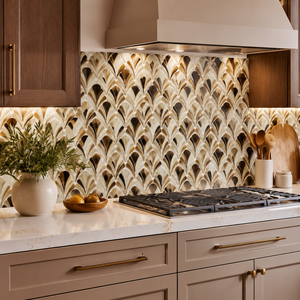 Mosaïque de verre teinté découpée à la main de style <span class=keywords><strong>Art</strong></span> déco de luxe, <span class=keywords><strong>motif</strong></span> plume en forme d'éventail, pour crédence de cuisine et décoration murale de salle de bain - Product Image 2