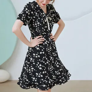 Chic francés Daisy Floral de las mujeres, vestido lazo collar señoras Maxi vestido