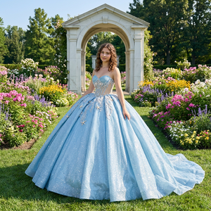 ชุดราตรีงาน Quinceanera สีฟ้าหรูหรา รุ่น Dy6854 ผ้าชีฟอง เอวธรรมชาติ แต่งลูกไม้ประดับเลื่อม งานปักลายฉลุ สำหรับงาน Sweet16 ป้องกันไฟฟ้าสถิตที่ไหล่ - Product Image 1