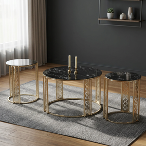 Modern Round <b>Coffee</b> <b>Table</b> <b>Set</b> with <b>Marble</b> Top and Brass Frame Nesting Living Room Furniture Contemporary Design - Product Image 6