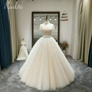 QW00010 платье невесты с высоким воротом, жемчугом, кружевом, аппликацией, короткими рукавами, открытой спиной, Тюлевое бальное платье, свадебные платья