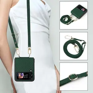 Hot Sell High Quality PU Leather Green Crossbody Strap Folding phone case for Samsung Galaxy Z Flip 4 Z Flip 3