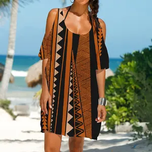 Sublimation Print Polyester Cotton Stretch Cozy women short dress polynesian samoa tatau design casual oversized ladies dress