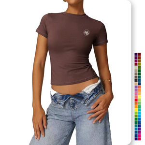 Custom Dames <span class=keywords><strong>Sexy</strong></span> Cropped <span class=keywords><strong>T</strong></span>-Shirt Groothandel Strass 95% Katoen 5% Spandex Strakke Slanke Pasvorm Crop Tops <span class=keywords><strong>T</strong></span>-Shirt Voor Vrouwen - Product Image 1