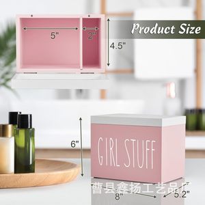 Boîte de rangement en bois avec couvercle 8x5.2x6 pouces, étiquette pour articles de fille, pour tampons, capsules de lessive, usage domestique - Product Image 1