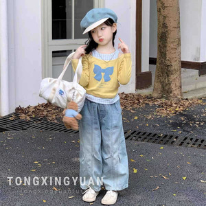 Tongxingyuan Girls' Faux Two-Piece <b>Bow</b> Off-Shoulder Top Cotton Poplin Spring Autumn Children's T-Shirt - Product Image 2