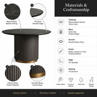 Table à manger ronde en marbre, fabrication directe d'usine, base cylindrique en chêne cannelé moderne, accent doré, plateau en pierre de luxe, utilisation hôtelière, 6 places
