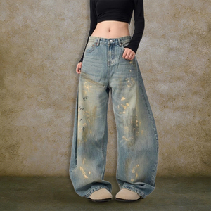 Celana <span class=keywords><strong>Jeans</strong></span> Wanita Model Baggy Y2K Streetwear dengan Motif Grafiti Pisau Lengkung, Celana Denim Kaki Lebar Vintage Cetak 90an dengan Kantong - Product Image 4