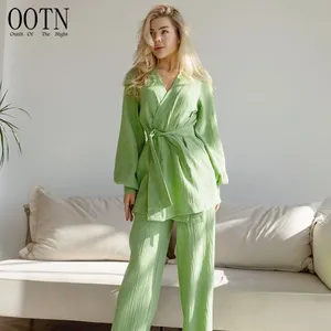 OOTN 2023 New 100% Cotton Crepe Long-Sleeved Trousers Ladies Sleepwear Suit Pajamas women pants 2 piece sets kimono