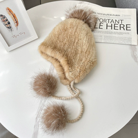 Chapeau Ushanka en fourrure de vison tricoté pour femme, style coréen mignon, avec pompon en fourrure de renard, chapeau en fourrure extensible avec cache-oreilles
