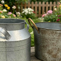Ensemble de 2 pots à fleurs vintage en métal galvanisé, seau à lait en fer rustique avec poignées pour la décoration du jardin, du patio et de la maison