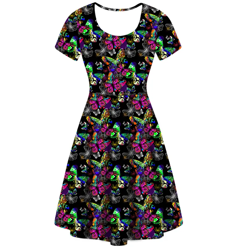 Sıcak satış kadınlar İlkbahar yaz kelebek baskılı rahat elbise O boyun rahat gevşek kısa kollu Polyester/spandex elbise