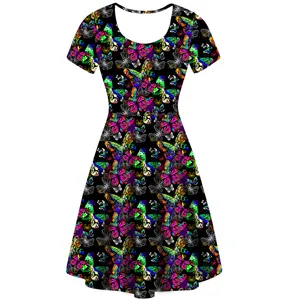 Hot Sale Women Spring Summer Butterfly Printed Casual Dress O Neck Casual Loose Short Sleeve Polyester/spandex Dress
