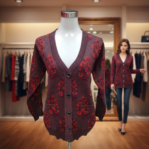 Cardigã Elegante de Inverno para Mulheres Idosas com Decote em V e Estampa Floral em Jacquard para Uso Diário - Product Image 6