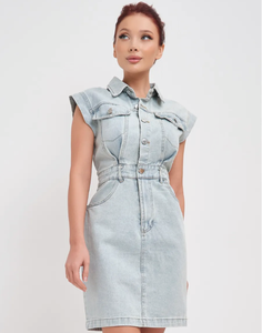 <span class=keywords><strong>Abito</strong></span> in Denim <span class=keywords><strong>blu</strong></span> chiaro da donna con colletto frontale con bottone e cappuccio aderente in vita per Casual e abbigliamento da lavoro - Product Image 1