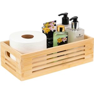 Cesta de almacenamiento de cosméticos de bambú rectangular con asa para baño, escritorio, organización del hogar - Product Image 5