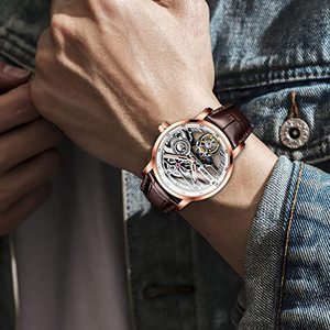 Montre squelette tourbillon pour homme, étanche, aiguilles lumineuses, mouvement mécanique, bracelet en cuir noir - Product Image 6