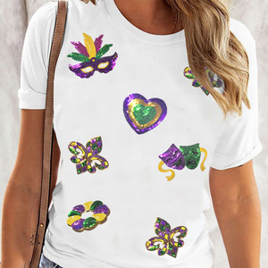 Abito estivo viola <span class=keywords><strong>oro</strong></span> verde paillettes Mardi Gras loghi magliette da <span class=keywords><strong>donna</strong></span> oversize Mardi Gras Face paillettes magliette da <span class=keywords><strong>donna</strong></span> - Product Image 2