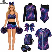 Ensemble de cheerleading imprimé thème ciel étoilé, comprenant soutien-gorge d'entraînement, short, survêtement, maillot et justaucorps, pour l'échauffement et l'entraînement en club de danse