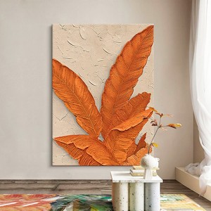 Hand Painted Oil Painting Orange Leaves Art <b>Canvas</b> <b>Wall</b> Decor For Living Room Entryway Modern Minimalist Style Rectangle Beige - Product Image 4