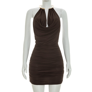 Viviblook D26DS162 Vestido Nuevo de Verano para Mujer, Sin Mangas, Sexy, con Anillo Metálico, Cuello Halter, Mini Vestido Ajustado - Product Image 1