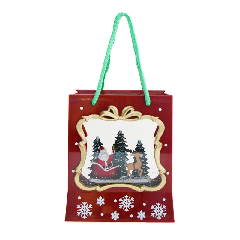 Bolso de compras rojo único con LED cálido, aspecto navideño, tema de Navidad, alces de Papá Noel, carro de ciervo, lámpara con purpurina giratoria, linterna de agua