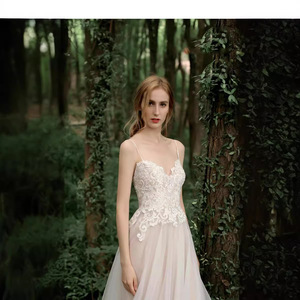 Champagne A-Line Tulle Wedding Dress Sweetheart Neckline Straps Natural Waistline Simple Forest Inspired Design - Product Image 3
