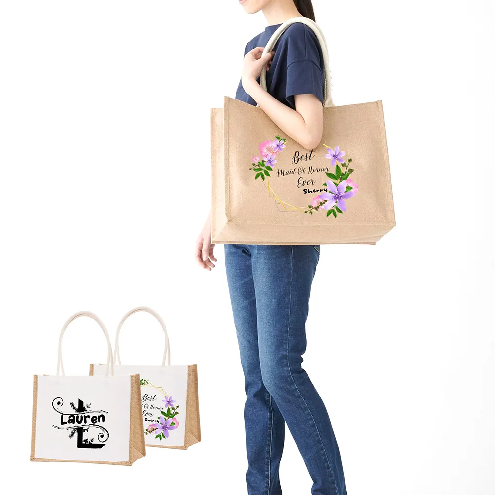 Fashion Custom Logo Printing Women's Linen Handbag Reusable Travel Handle Gift Shopping Product Tote Jute Bag