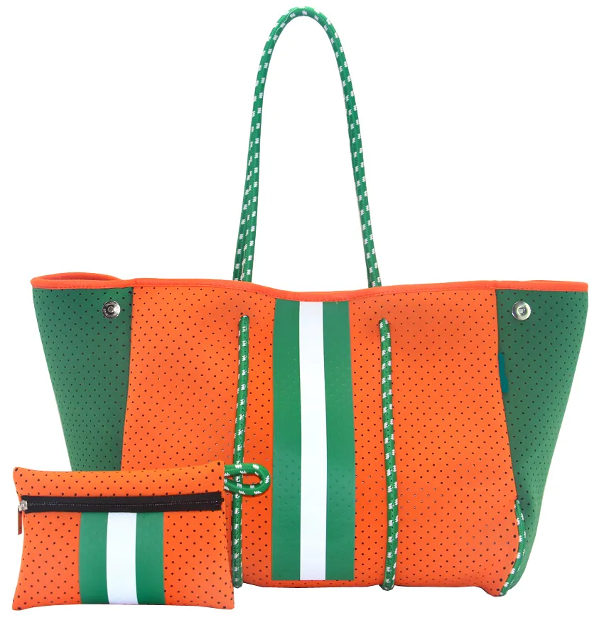 2023 Hot Selling Custom Full Printing Women Traveling Handbag Big Tote Hand Bag Neoprene Ladies Perforated Beach Tote Bag