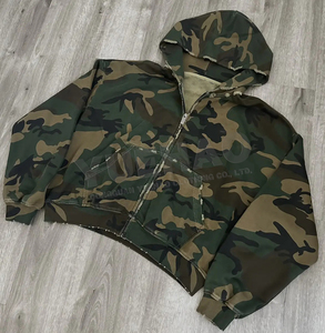 Moletom Masculino com Capuz e Zíper <span class=keywords><strong>OEM</strong></span> Personalizado de Algodão 420 GSM com Estampa Camuflada, Ombro Caído, Corte Boxy, Vintage e Desgastado - Product Image 2