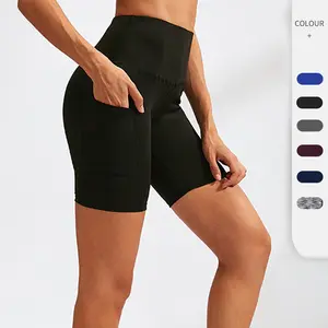 Celana Yoga Pendek Ketat Wanita, Legging Fitness Lari Pinggang Tinggi dengan Saku