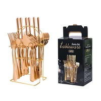 Juego de Cubiertos de Lujo de 24 Piezas con Acabado Dorado y Soporte Magnético, Cubertería de Acero Inoxidable para el Hogar, Precio de Fábrica