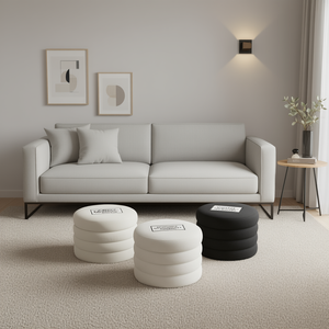 Ivory <b>Round</b> Ottoman <b>Footstool</b> Fabric <b>Storage</b> Stool Living Room Furniture Contemporary Design Home Use - Product Image 2