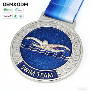 Medalla personalizada para equipo de natación con textura de ondas, detalle de salpicadura, relieve de nadador, base azul brillante, medalla de premio para equipo de natación con cinta - Product Image 1