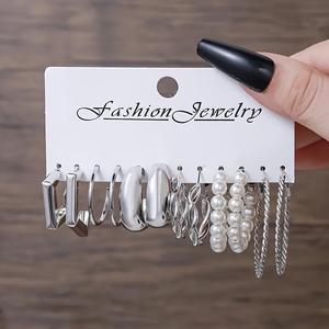 Ensemble de boucles d'oreilles tendance, géométriques, en alliage plaqué or, imitation perle, bijoux de fête pour femmes - Product Image 2