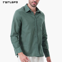 Kemeja Pria Lengan Panjang Campuran Linen Katun Warna Hijau Polos Kerah Klasik Lipat Kancing Depan Saku Dada Kasual Bernapas
