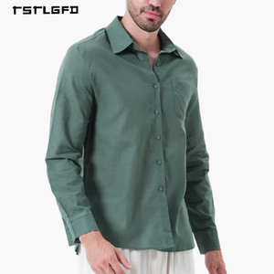 Men Linen Cotton Blend Long Sleeve Shirt Solid Green Classic Turn Down Collar Button Up <b>Chest</b> Pocket Casual Breathable Top - Product Image 1