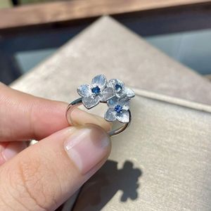 S925 Pure Silver Three-Dimensional Brushed Blue Embroidered <b>Ball</b> Flower Ring Niche Retro Exquisite Topaz Cut New <b>Chinese</b> Style - Product Image 2