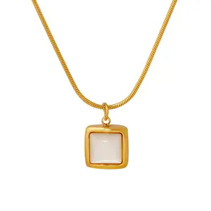 Fashion Stainless Steel Square White Shell Pendant Necklace Adjustable 18k Gold Plated Jewelry For Women