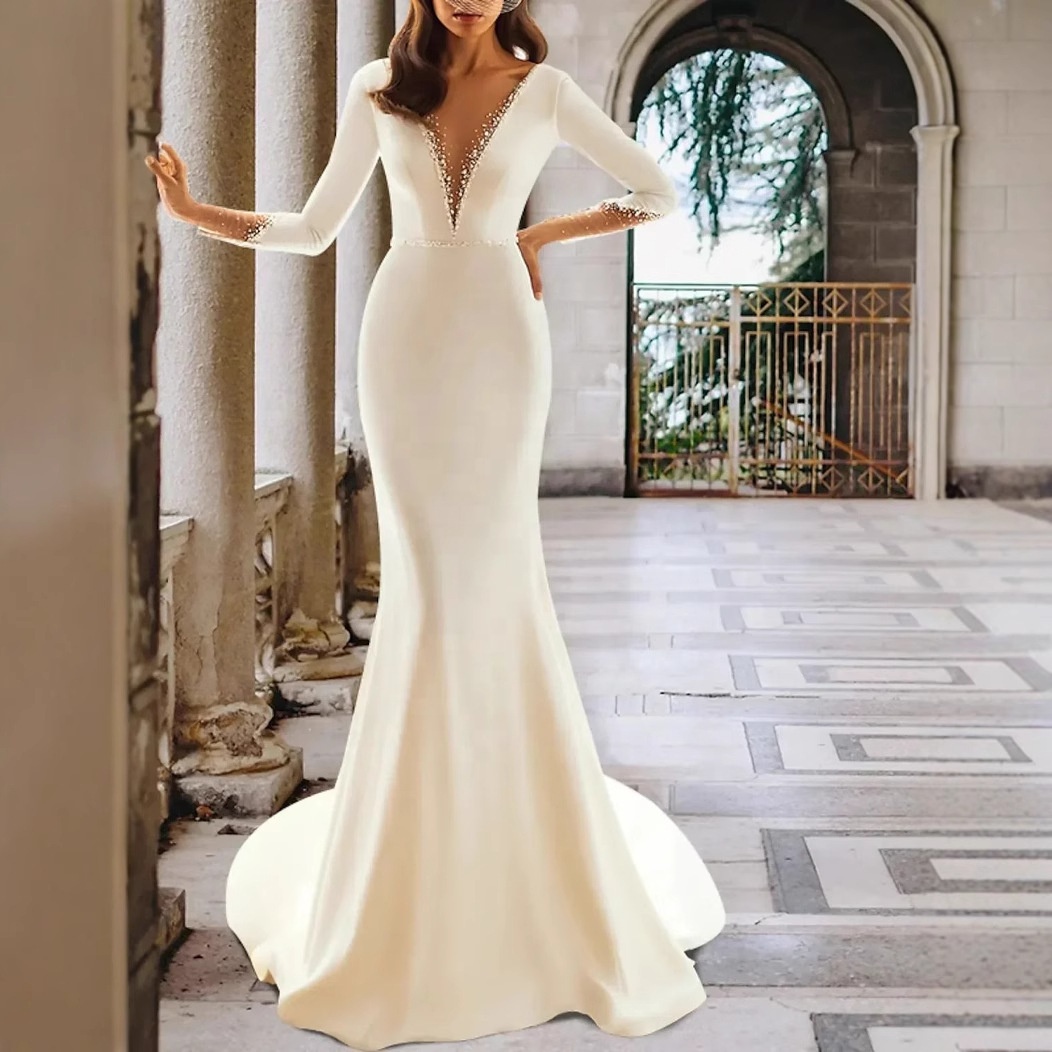 Long Sleeve Sheath Dress Wedding Scala Santa Wedding Gowns Trajes De Carolina Herrera Spaghetti Strap Satin Long Sleeve Sheath Dress Wedding Scala Santa Wedding Gowns Trajes De Carolina Herrera Spaghetti Strap Satin