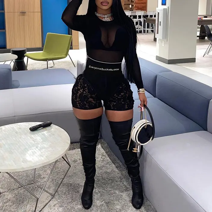 Summer Clothing Fashion Ladies Black Lace Patchwork Shorts See Through High Waist Short Pants With Hollow Out