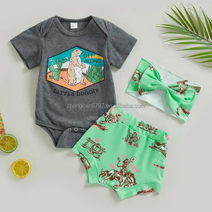 Conjunto de pantalones cortos gráficos infantiles de verano, traje de mameluco con lazo y manga corta, estilo <span class=keywords><strong>vaquero</strong></span> occidental para bebés, 3 uds. - Product Image 2
