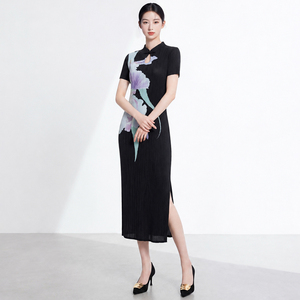 Women's Casual Chinese Style Black Floral Print Embroidery Ruched Midi <b>Dress</b> Sleeveless Stand Collar Eco-Friendly Washable - Product Image 3