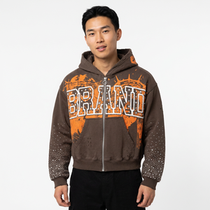 Customized Men's Oversized Zip-Up <b>Hoodie</b> Brown <b>Orange</b> Print Rhinestone Streetwear Sweatshirt 100% Cotton Fleece - Product Image 2